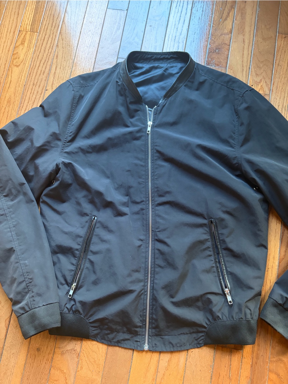 Men's “The Kooples” Black Bomber Jacket - Lightweight Zip Front leather trim